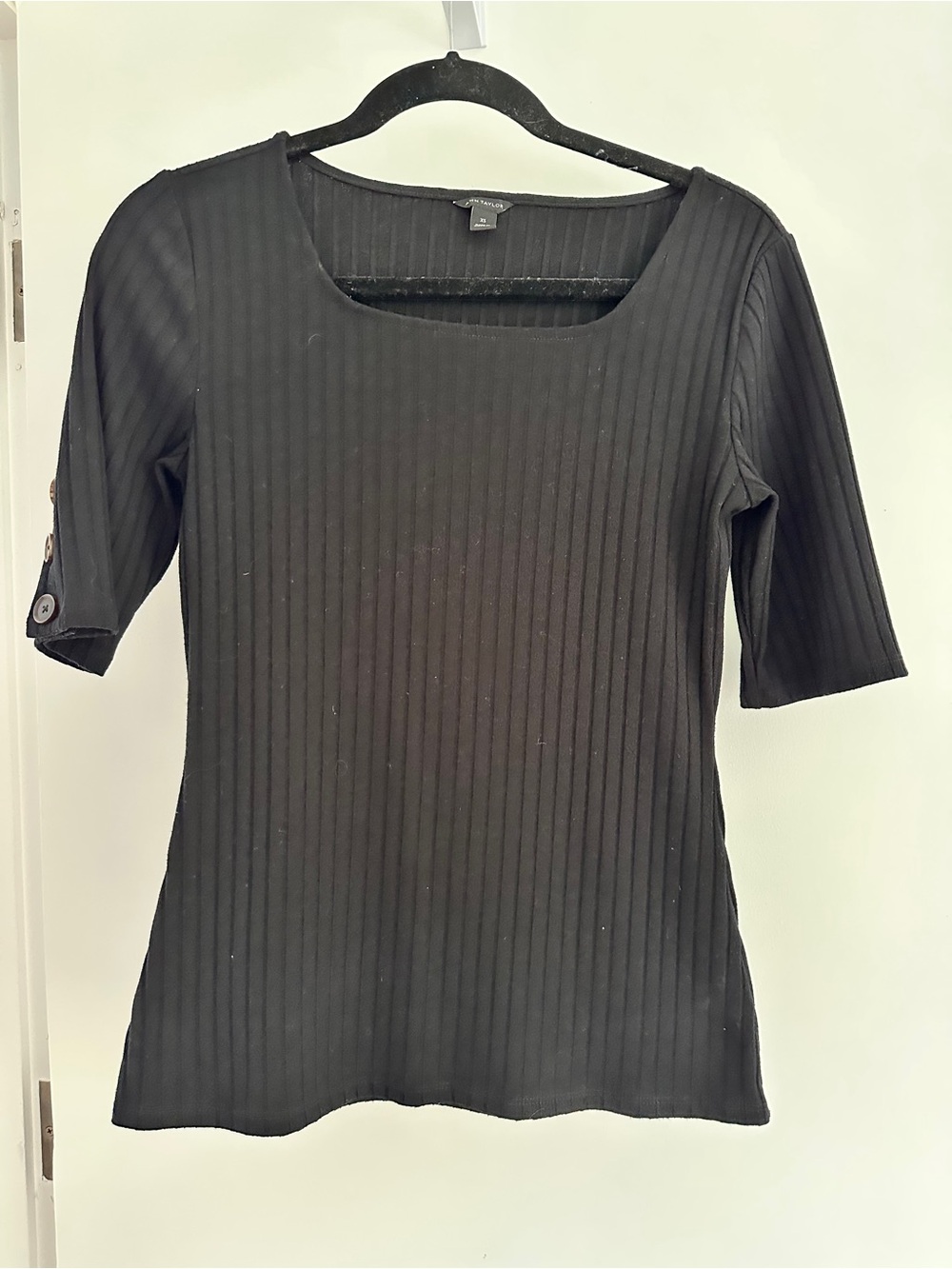 Ann Taylor Black Ribbed Square-Neck Short Sleeve Top